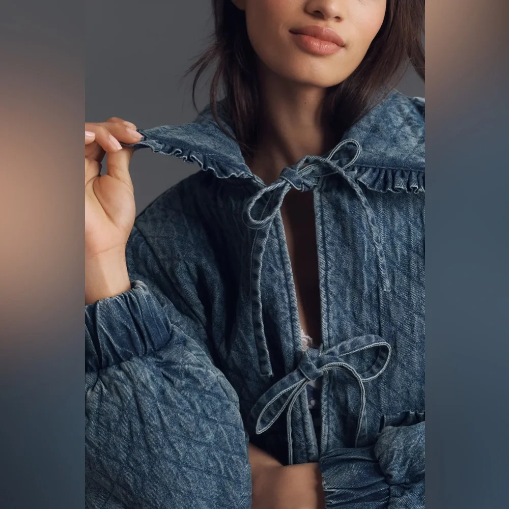 Anthropologie The Maura Bow-Tie Denim Jacket by Avec Les Filles - Medium - Picture 2 of 8